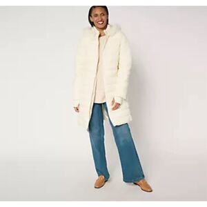 Susan Graver Womens 1X Petite Water Resistant Quilted Coat Ivory Hooded NWOT
